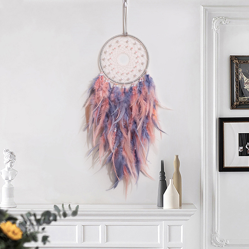 Gray Dream Catcher Pendant Handmade Creative Wind Chime Girly Room Decoration Birthday Gift Red Bean Paste Pink_voghion.com
