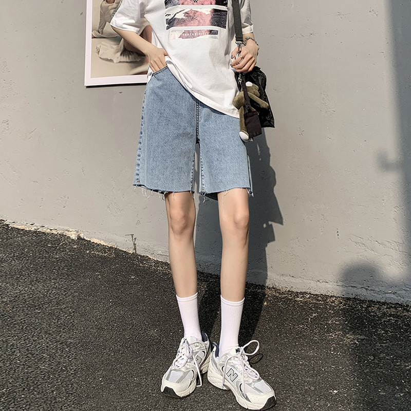 Denim cropped pants women's summer 2023 Korean style loose straight mid-length pants slimming frayed wide-leg pants trendy one-year hair