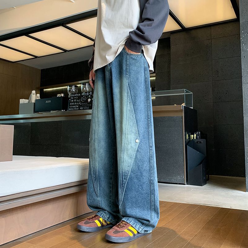 Men's Loose Straight Wide-Leg Jeans Casual Pants Large Size Washed Summer Patchwork High Street Trousers Trendy