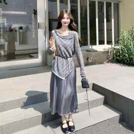 温柔知性风套装女斜摆薄款针织衫灰缎面开叉半身裙早秋两件套