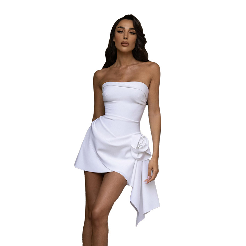 373g Weight Short Mini Dress Dress Length Type Sleeveless Sleeve Length Bodycon Dress Dresses Type Spandex, Polyester Fabric Type Mid Waist Waist Line Banquet, Cocktail Party Occasion Boat Neck, Strapless Neckline Skinny Fit Type Solid Color, Flower Pattern Summer Season Women's Gender Elegant, Sexy Style White, Black Color European And American Style 2024 Summer New Women's Clothing Fashion Dignified Flowers Decorative Solid Color Backless Tube Top Dress Women 21