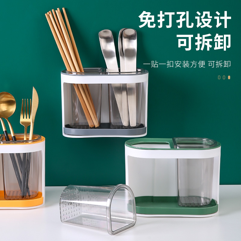Wall-Mounted Chopstick Holder, Household Drainage Double-Layer Chopstick Tube, Kitchen Utensil Storage Box, Multi-Functional Storage Rack