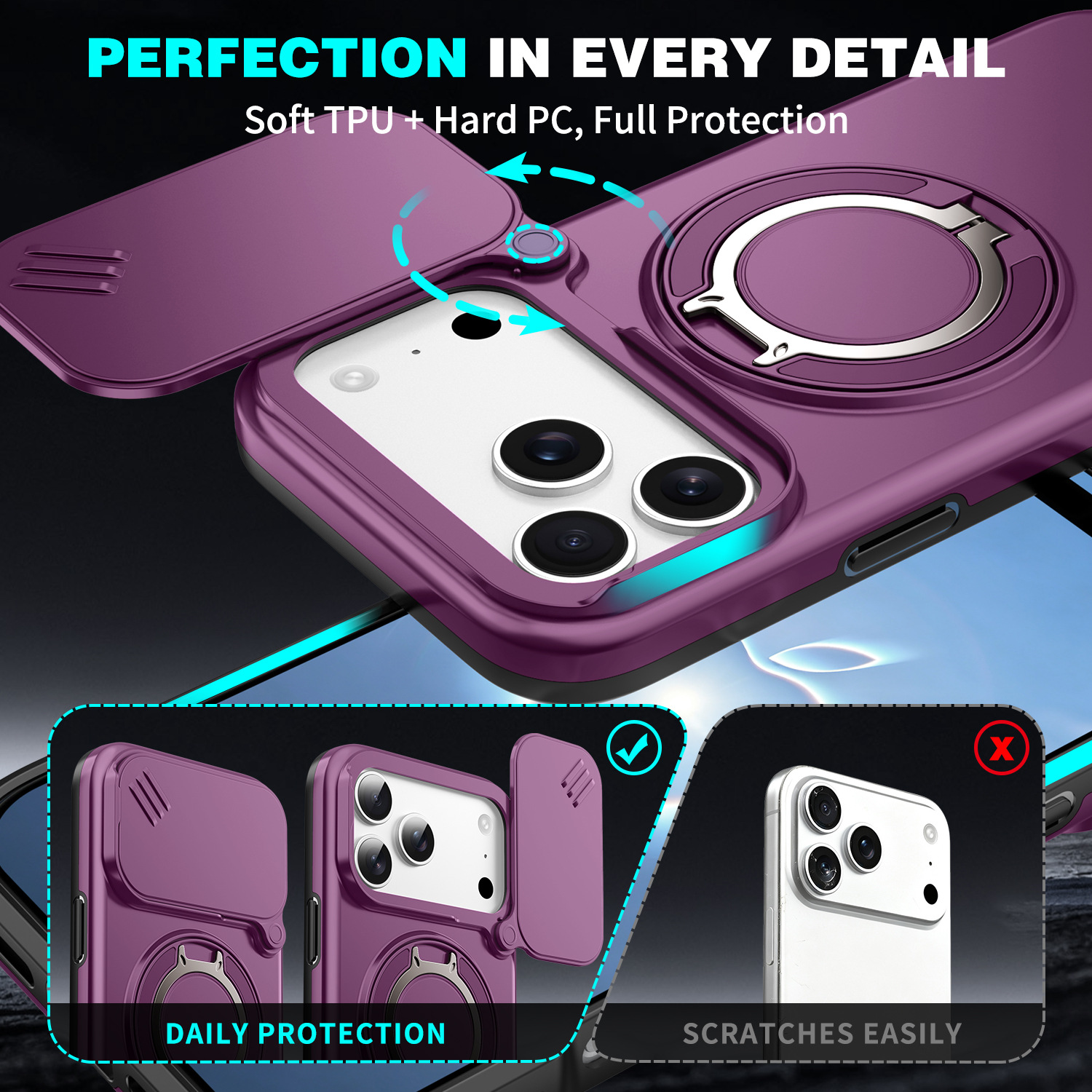 Funda Magnética para iPhone 17 Pro Max 16 15 de PC con Soporte Giratorio 360°, Tapa Deslizante para Lente y Anti-caída