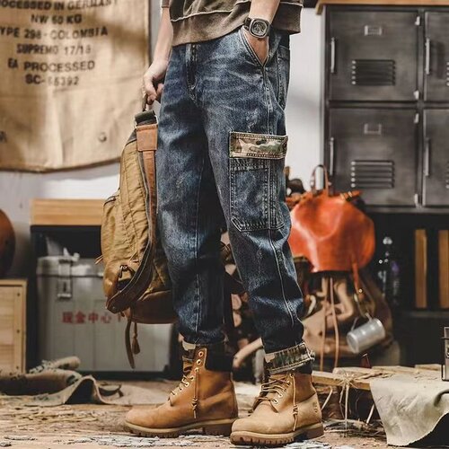Hong Kong Style American Heavyweight Retro Jeans Men's Loose Straight Leg Trendy Brand Work Pants Men's Stone Washed Wide Leg Casual Trousers