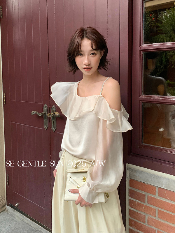 Xiuxixi 2025 秋ホワイトラベルサテン気質ボトム長袖フリルシャツトップス女性用 89529|undefined
