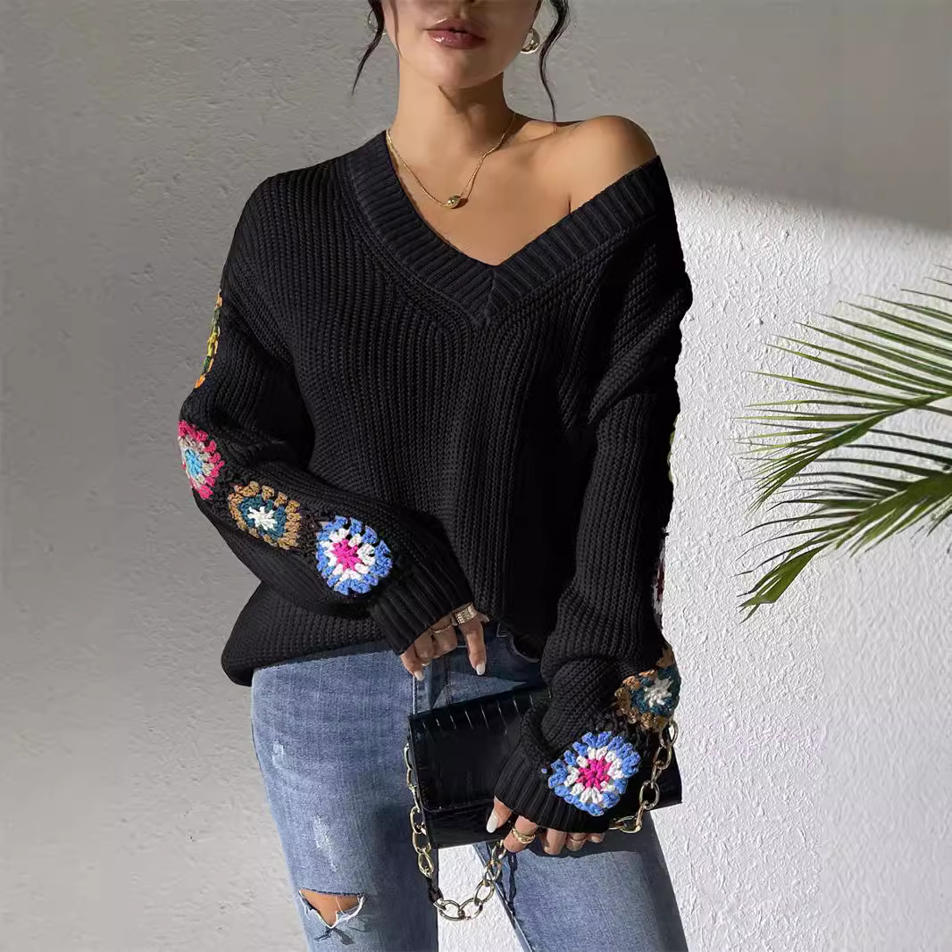 Suéter de otoño y invierno nuevo estilo de ropa de mujer europea y americana suéter de gancho de mano flor empalme suéter de cuello en V Amazon explosión