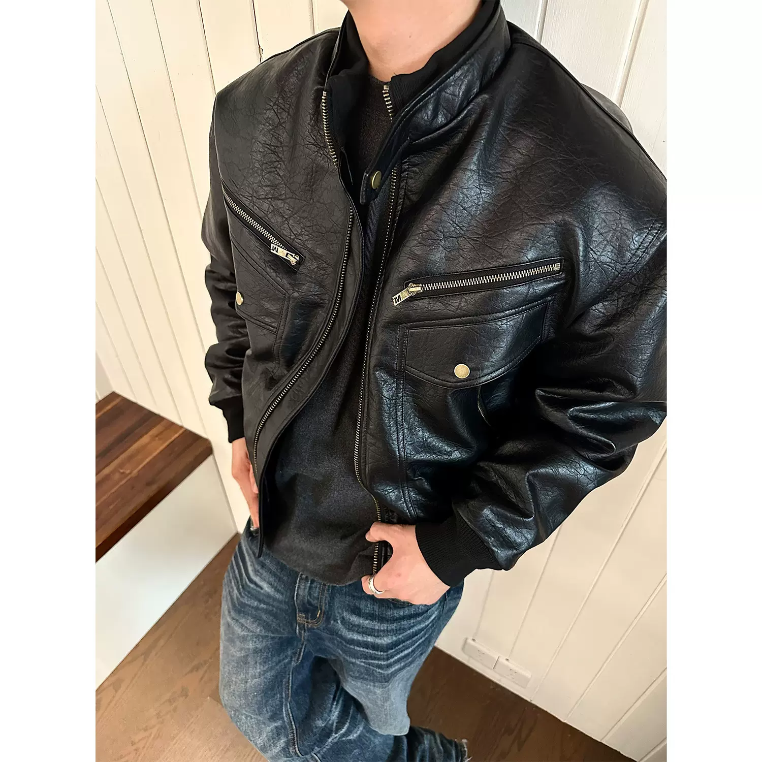 EME易盛易 美式复古肌理设计感夹克男女秋冬PU皮廓形机车服棉服