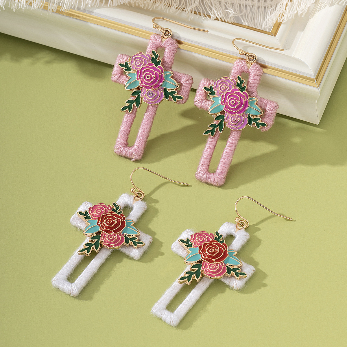 Daily Occasion Alloy, Wood Material 1 Pair Sweet Cross Rose Alloy Wood Drop Earrings