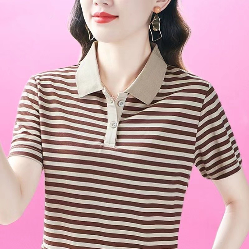 【112# M-4XL/3 Colors】2025 New Style Elegant Short-Sleeve T-Shirt with Lapel Collar, Women's Top, Striped Polo Shirt
