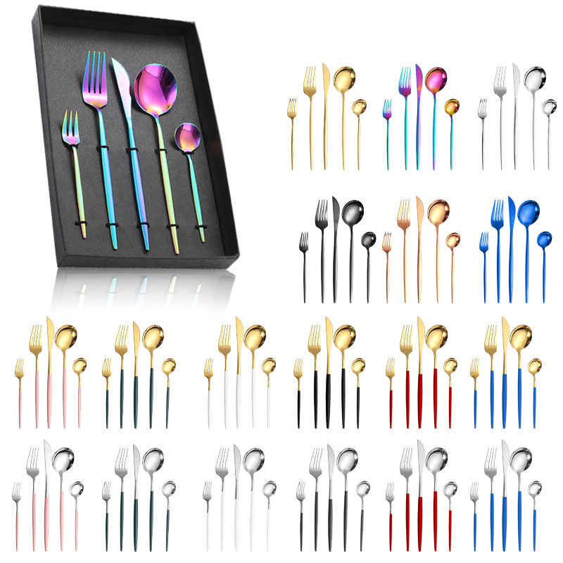 El suministro transfronterizo de acero inoxidable vajilla cuchillo, tenedor y cuchara de pintura en aerosol chapado en oro retro europeo y americano Portugal cinco piezas principales vajilla occidental