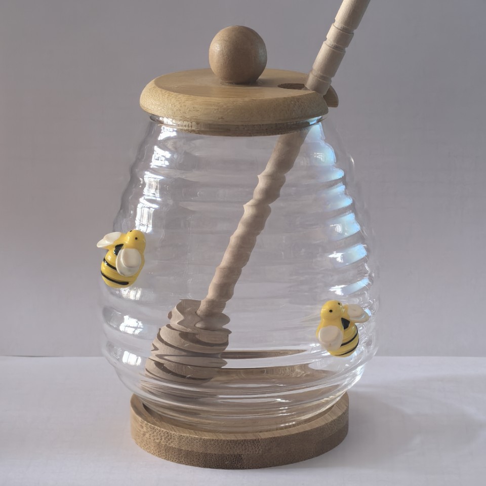 Lindo tanque de abejas, tanque de miel de vidrio, fondo de madera, tanque de almacenamiento de palo de madera