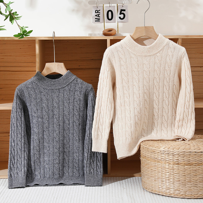 Children's Thickened 100% Pure Wool Sweater, Boys and Girls' Half-High Neck Cable Knit Sweater, Medium and Large Children's Base Layer Wool
