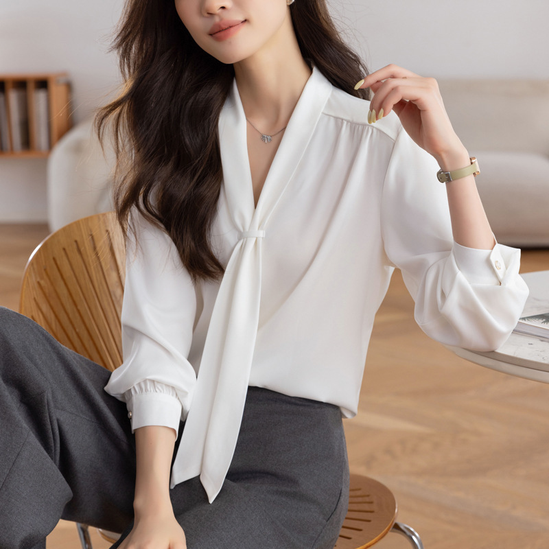 法式V领白衬衫女长袖2025秋季新款设计感飘带上衣衬衣一件代发|undefined
