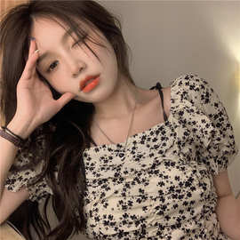 法式bm风短款碎花吊带雪纺衫ins风夏日少女心必备轻熟风格调短袖