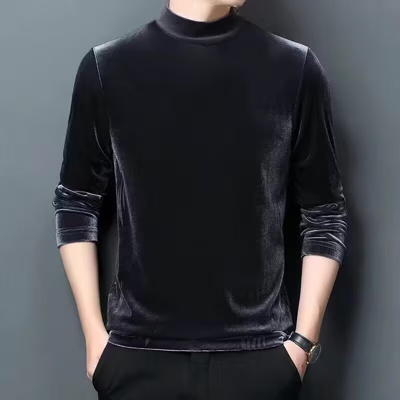 봄, 가을 남성용 골드 벨벳 긴팔 티셔츠 하프 터틀넥 하의 셔츠 보온 속옷 캐주얼 탑 티셔츠