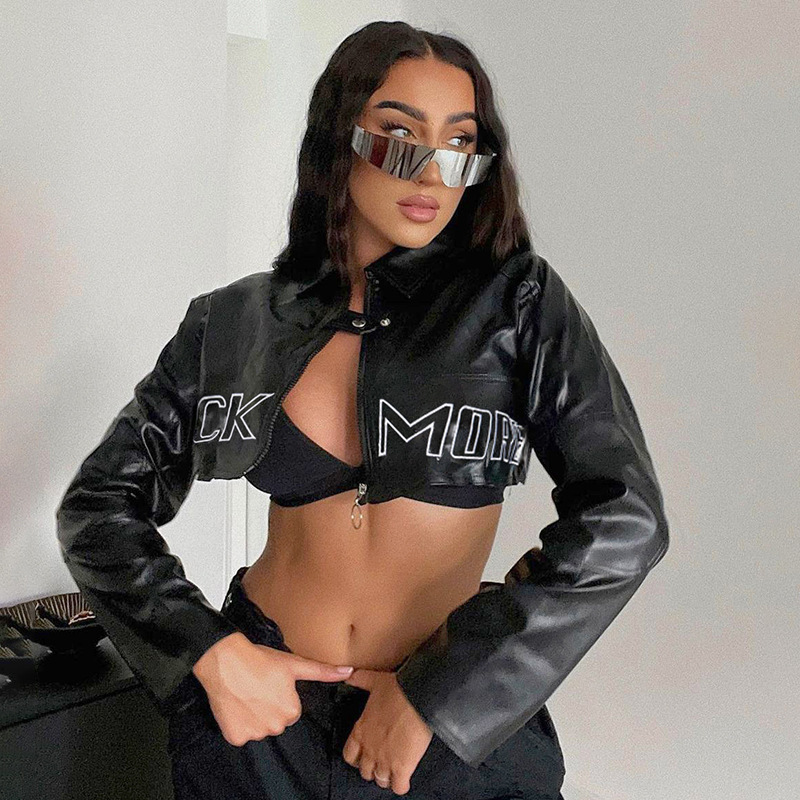 C27414 Autumn and Winter European and American Street Fashion Women's Motorcycle Letter Embroidery Pu Leather Short Jacket Baseball Jacket C27414 Autumn and Winter European and American Street Fashion Women's Motorcycle Letter Embroidery Pu Leather Short Jacket Baseball Jacket