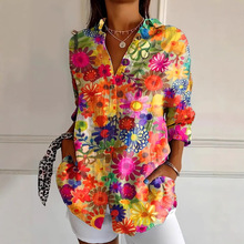 大码女装外贸欧美跨境时尚优美亮色花卉印花休闲度假长袖衬衫