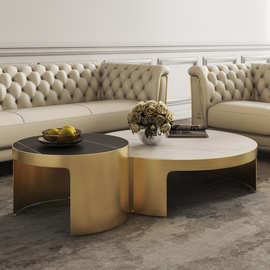 意式岩板现代大小圆形茶几伸缩客厅简约岩板不锈钢铁钢板家用