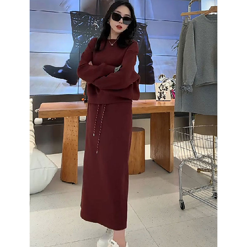 韩系女神范套装2025新款欧货格子衣袖拼接卫衣开叉半裙洋气两件套|undefined