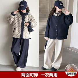女童外套冬季2026新款儿童洋气休闲加绒加厚保暖双面穿毛毛衣带包