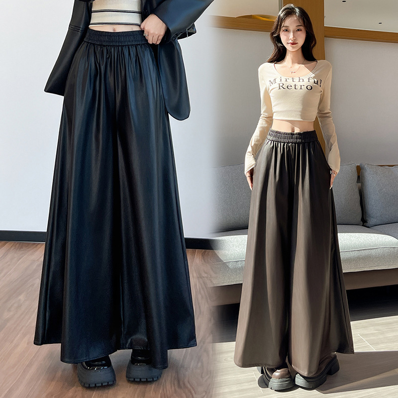 实拍现货皮裤女2025秋冬新款高腰休闲裤软皮PU皮潮酷阔腿休闲裤裙|undefined