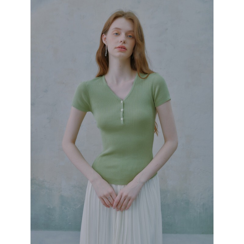 Lime Green Soft Knit Macaron-Colored Lyocell Acetate V-Neck Ribbed Knit T-Shirt for Women, Summer, 5 Colors H050303 Lime Green Soft Knit Macaron-Colored Lyocell Acetate V-Neck Ribbed Knit T-Shirt for Women, Summer, 5 Colors H050303