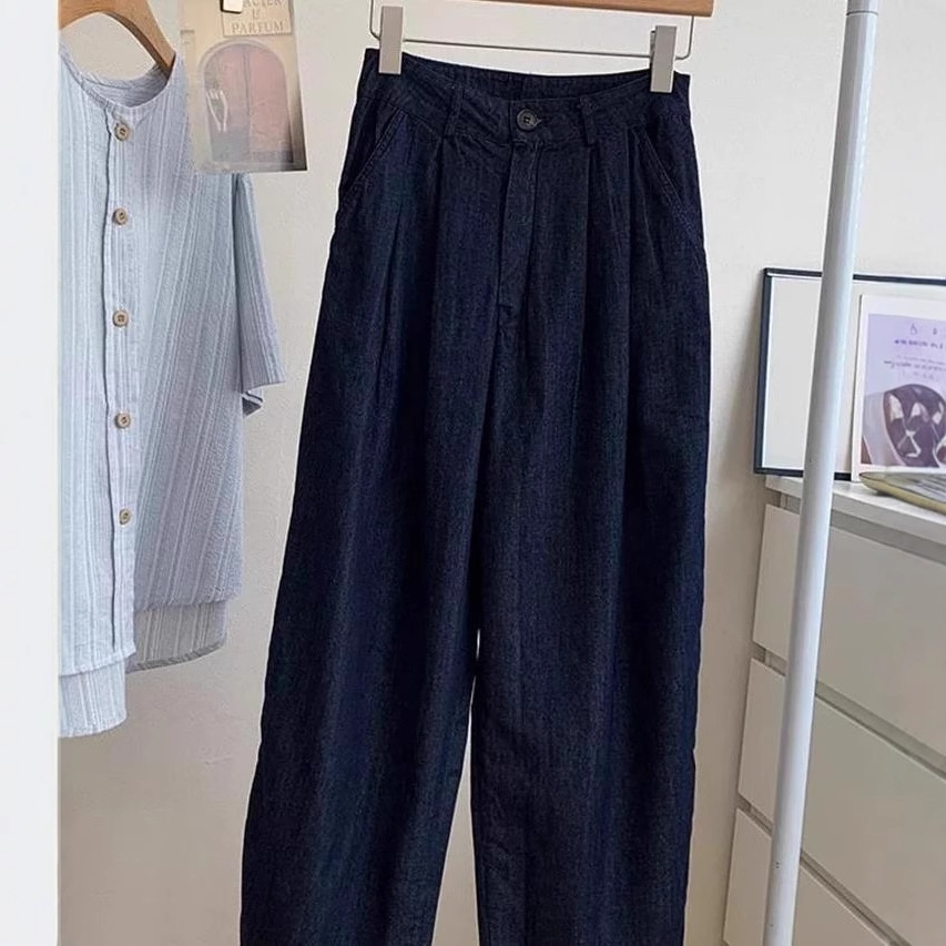 Quần ống rộng vải lanh cotton Yamamoto cạp cao mẫu mới mùa hè 2025 — Màu xanh đậm