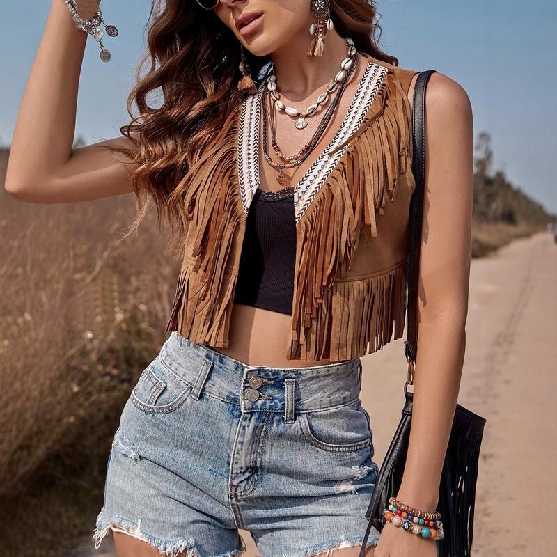 2025 European and American Cross-Border New Style Women's Tassel Vest Hippie Sleeveless Short Retro Cardigan Jacket