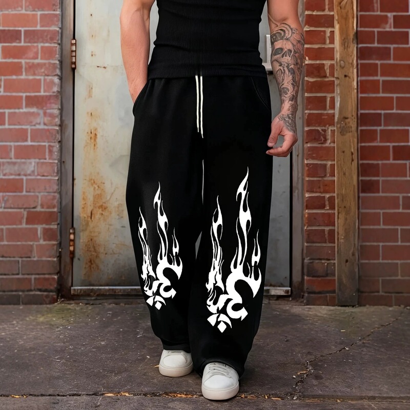 Gothic Dark Style Men's Casual Sports Jogging Pants, Fashionable Trendy Sports Style Long Printed Wide-Leg Pants