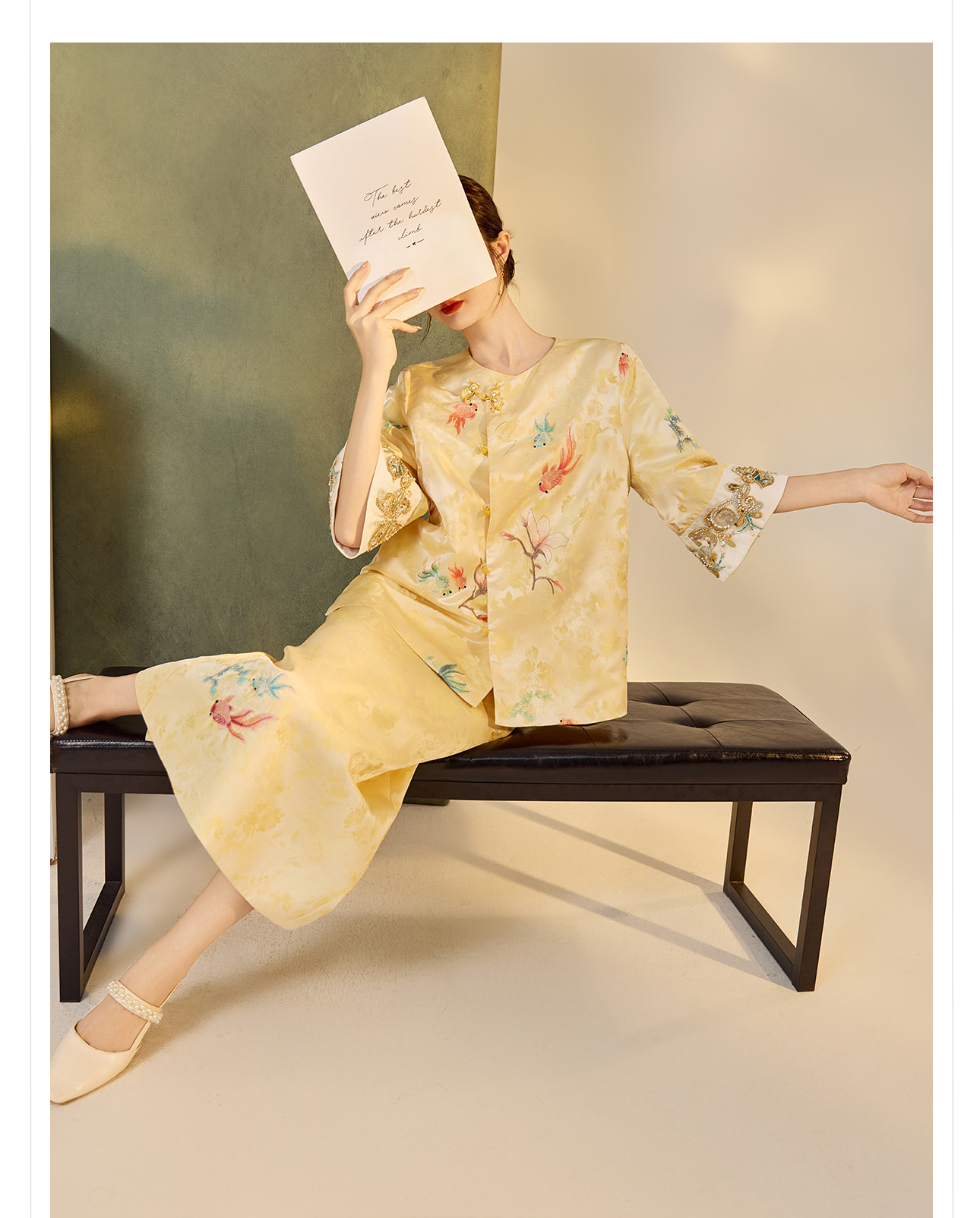 Bộ áo váy satin thêu jacquard cổ tròn phong cách Trung Hoa N6026 — áo, váy chi tiết 7