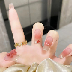 Heartfelt Ice-Transparent Pink Bow Gentle and Sweet Long Nail Art Sheet Removable Wearable Nail Polish Wholesale