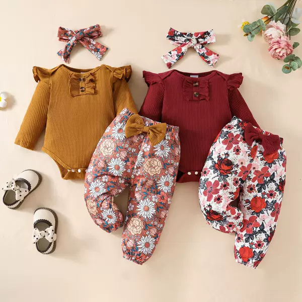 Cross-border Baby Pit Strip Flying Sleeve Lace Long Sleeve Triangle Harper Flower Bow Trousers Hair Belt Three-piece Suit