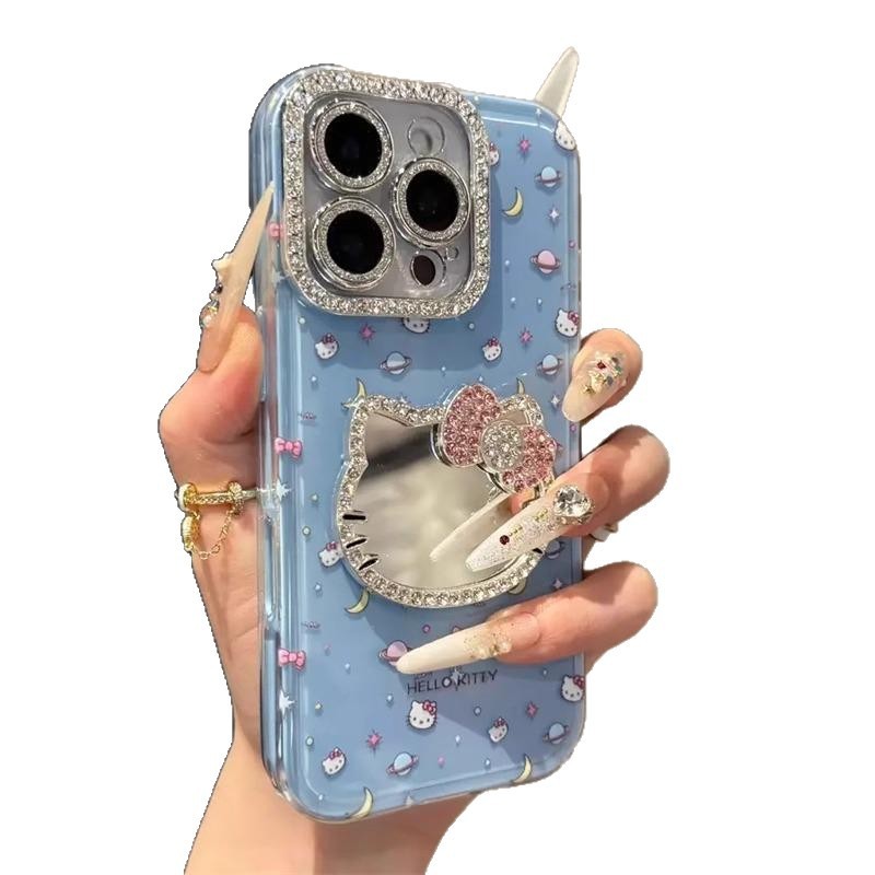 镶钻kitty猫镜子适用苹果16promax手机壳新款iPhone15Pro高级14pl|undefined