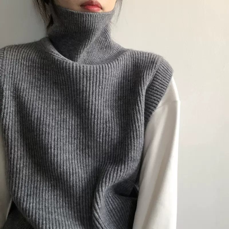 言双 纯色高领无袖毛衣女 春季新款复古叠穿外搭针织背心B068