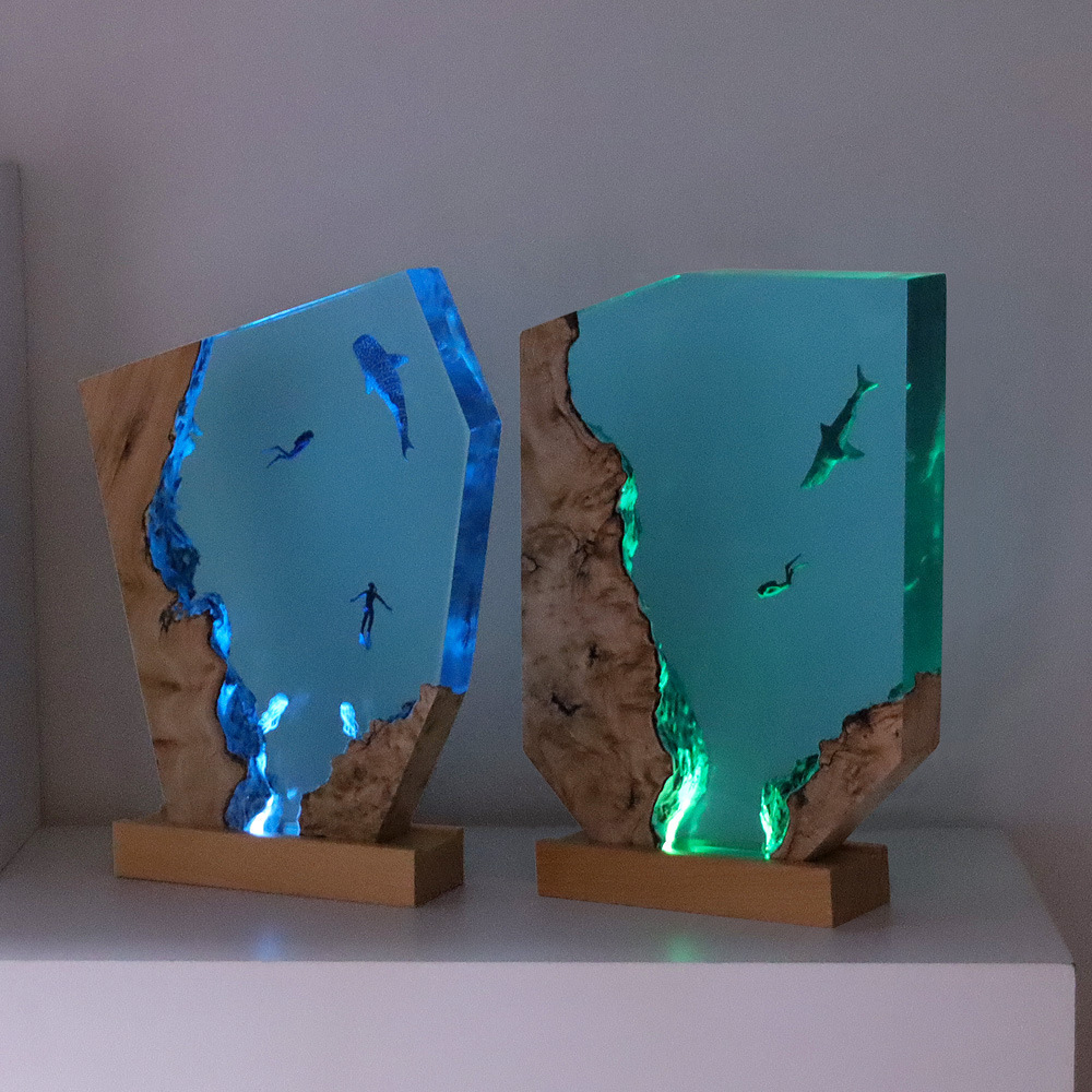 Ocean Cave Diver Home Desktop Decoration Creative Art Lamp Holder Solid Wood Resin Nightlight Gift Jewelry