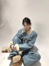 冬季洋气加绒加厚浅蓝牛仔套装女外套阔腿牛仔裤两件套亚马逊厂家