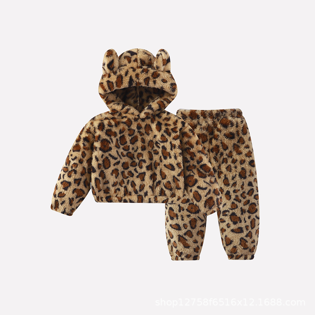 Korean Style Girls' Leopard Print Plush Home Clothes Set 2025 Autumn and Winter New Style Kidsren's Hooded Cute Furry Pajamas