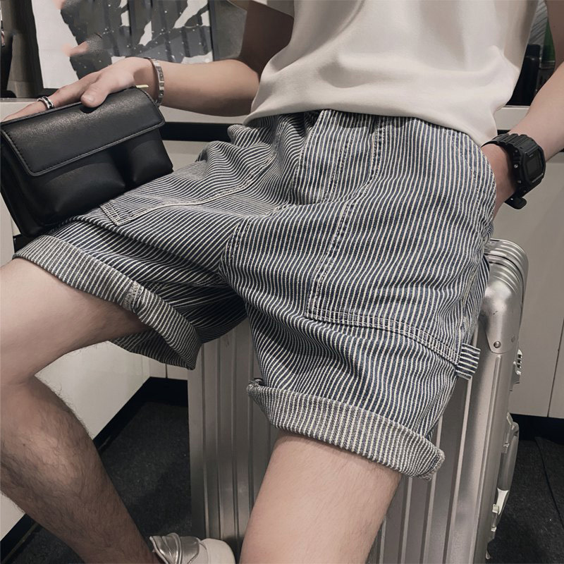 Striped Denim Shorts Men's Summer Thin Trendy Brand Ins Straight 5-point Workwear Casual Middle Horse Pants for Outer Wear Striped Denim Shorts Men's Summer Thin Trendy Brand Ins Straight 5-point Workwear Casual Middle Horse Pants for Outer Wear