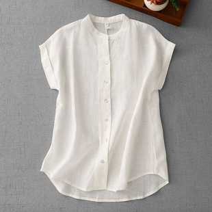 21 Textured Pure Linen ~ French Classy Stand-Up Collar Shirt for Women Summer Short-Sleeved Sleeveless Shirt Loose Top