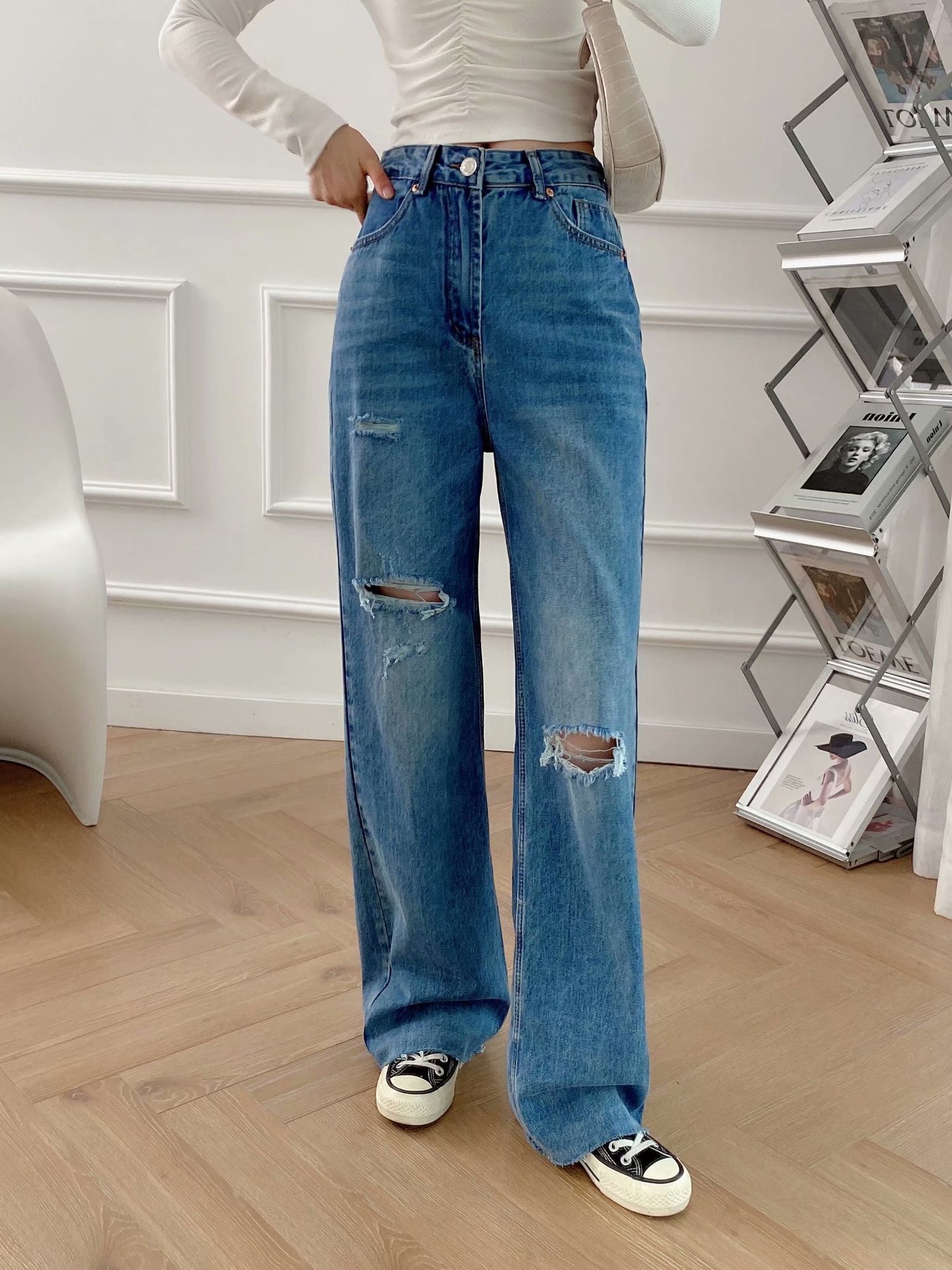 jeans de pierna ancha rasgados lavados para mujer nihaostyles ropa al por mayor NSAM77796