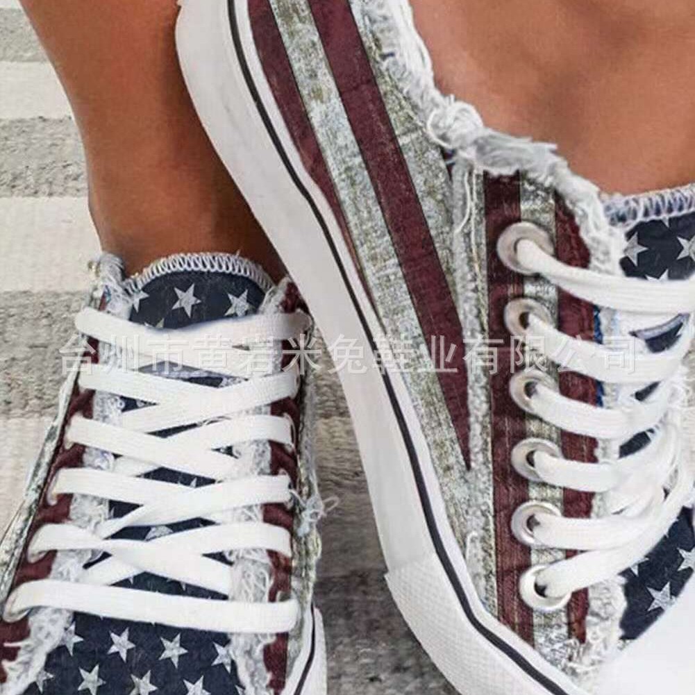 跨境外贸五星条纹渐变拼色水洗牛仔帆布鞋休闲毛边平底单鞋大码43