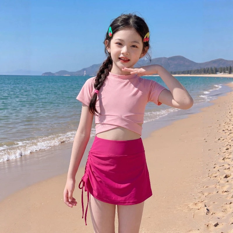 女童泳衣两件套夏季小女孩短袖短裙粉色游泳衣儿童装分体裙式泳装