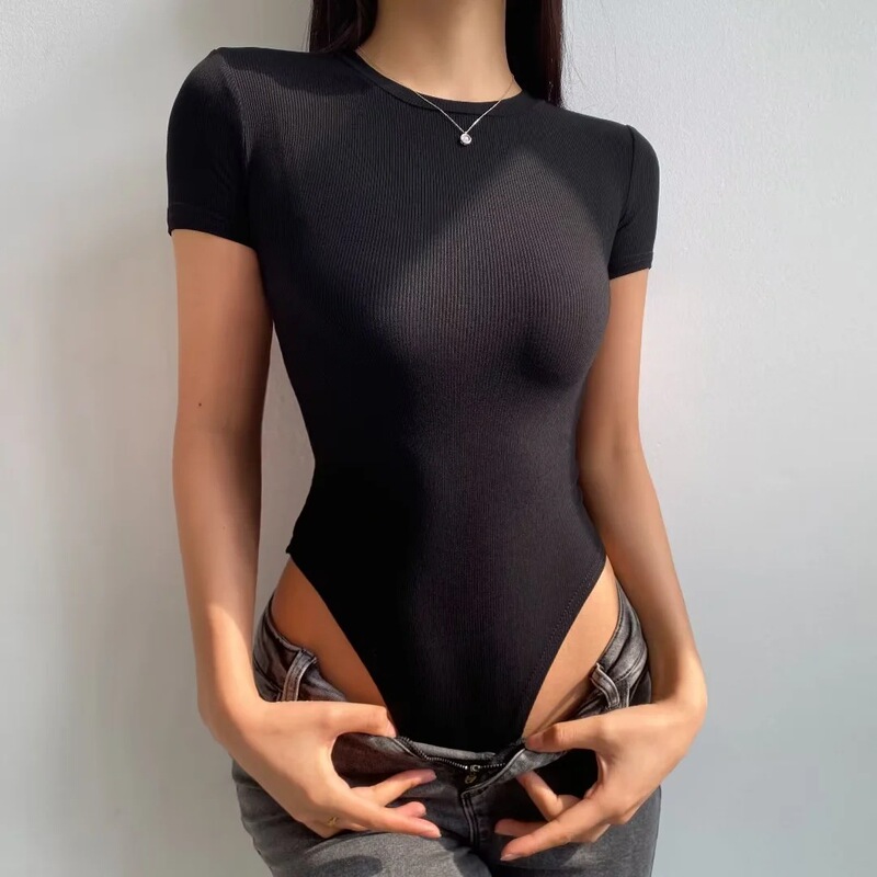 European and American sexy small round neck short sleeve jumpsuit for women 2024 spring and summer new slim slimming bottoming shirt T-shirt top European and American sexy small round neck short sleeve jumpsuit for women 2024 spring and summer new slim slimming bottoming shirt T-shirt top