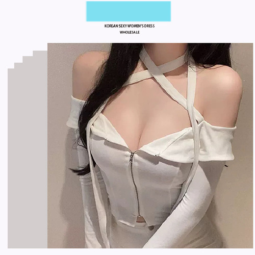 Korean off-shoulder long-sleeve tied-up top, showing chest, elegant temperament, Dongdaemun new item, trendy, womanly charm, sexy women's T-shirt