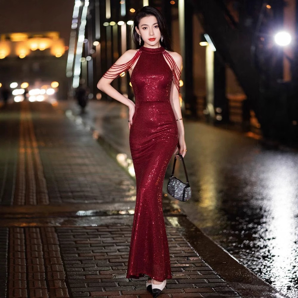 High-End Evening Dress for Women 2025 Banquet Host Slimming Look Elegant Fishtail Sexy Sequin Toast Dress