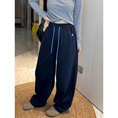 抽绳阔腿加绒藏青色弯刀卫裤女新款高腰宽松显瘦百搭休闲运动裤子