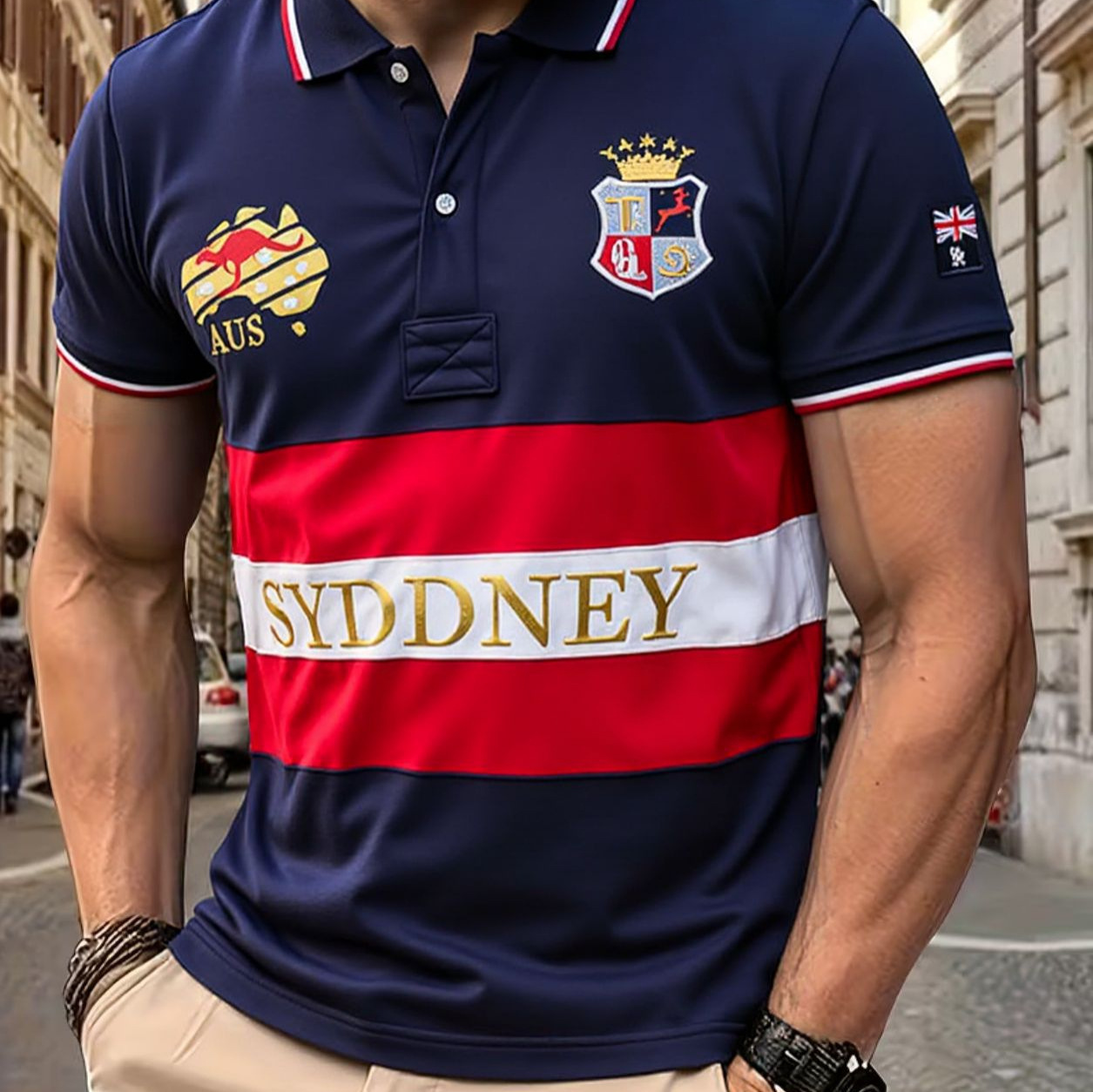 Polo homme neuf, manches courtes australiennes, col rabattu, style sport-décontracté, rayures américaines rétro._voghion.com