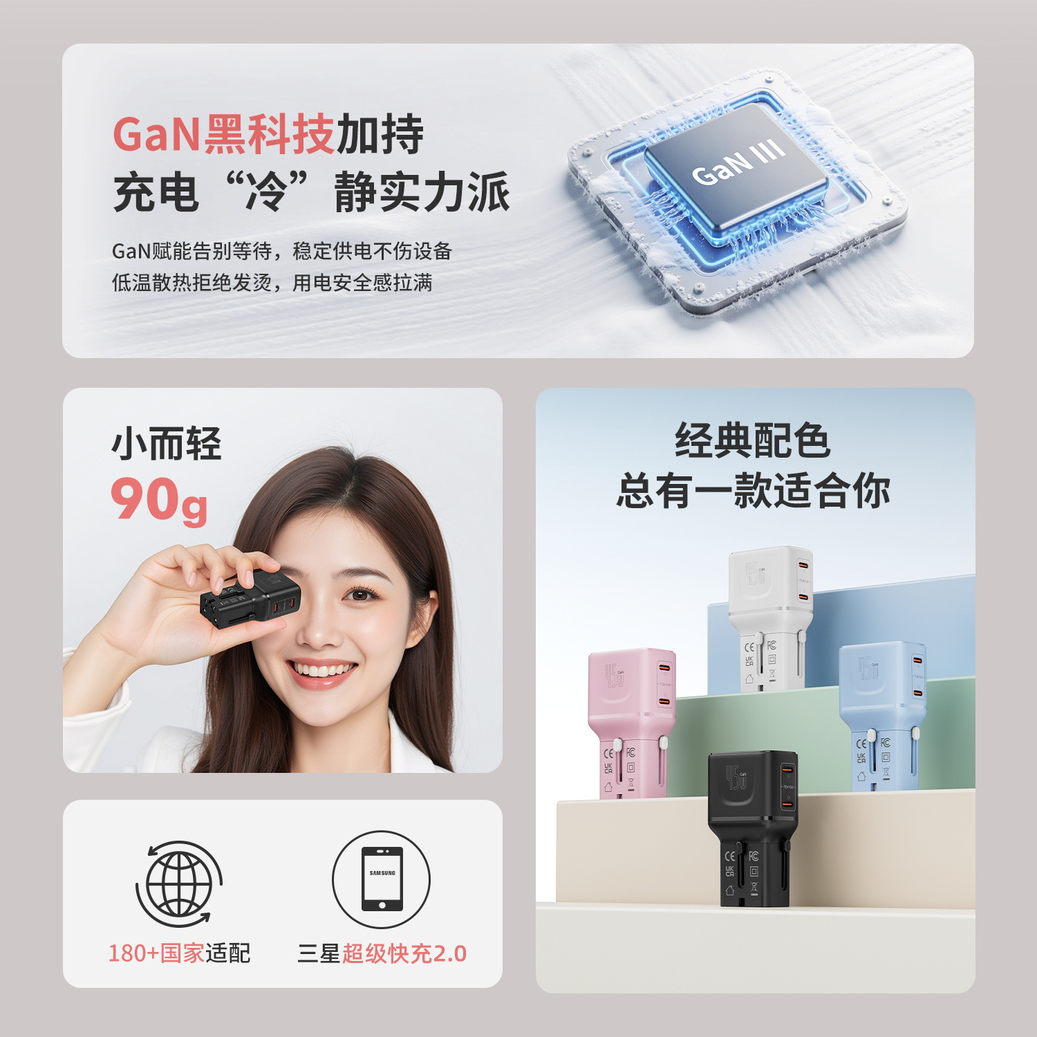 跨境全球通转换插头45W快充旅行插座转换器便携多功能转换插座