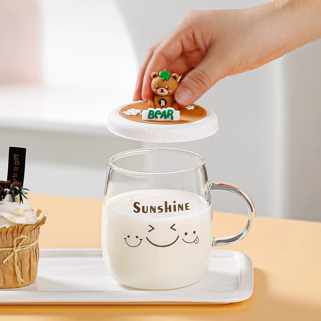 Creativo regalo personalizado lindo oso taza de cristal con tapa muñeca expresión taza de café taza de la Oficina
