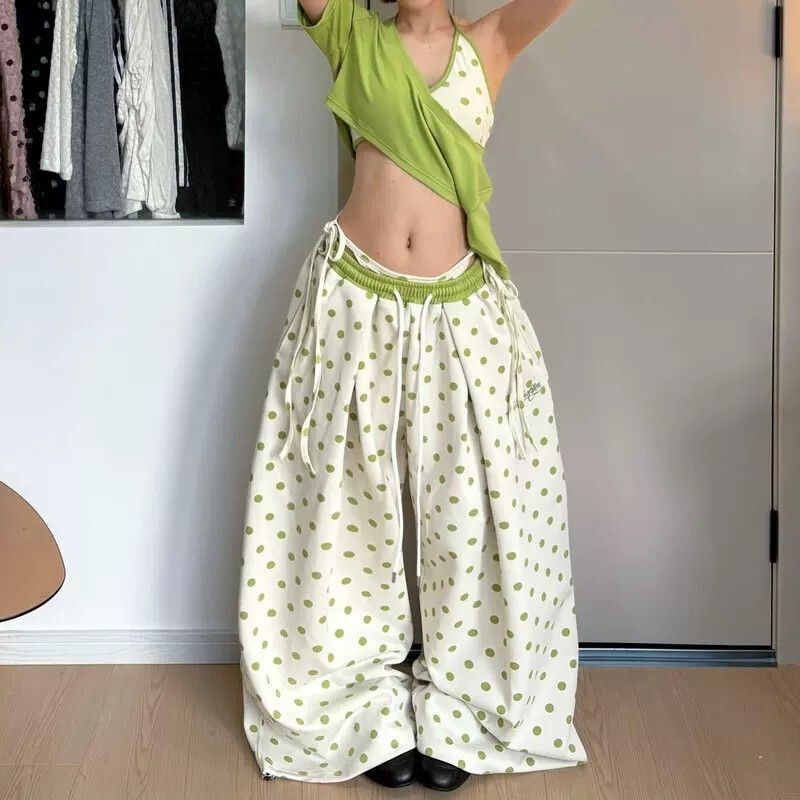 Island Holiday Color-Block Polka Dot Sports Casual Pants with Built-in Tie-Waistband for Women, New Spring-Autumn Strap T-Shirt Set Island Holiday Color-Block Polka Dot Sports Casual Pants with Built-in Tie-Waistband for Women, New Spring-Autumn Strap T-Shirt Set